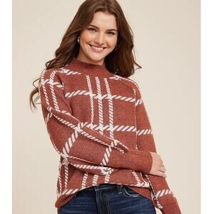 Maurices Pumpkin Spice Plaid Mock Neck Balloon Sleeve Knit Sweater NWT